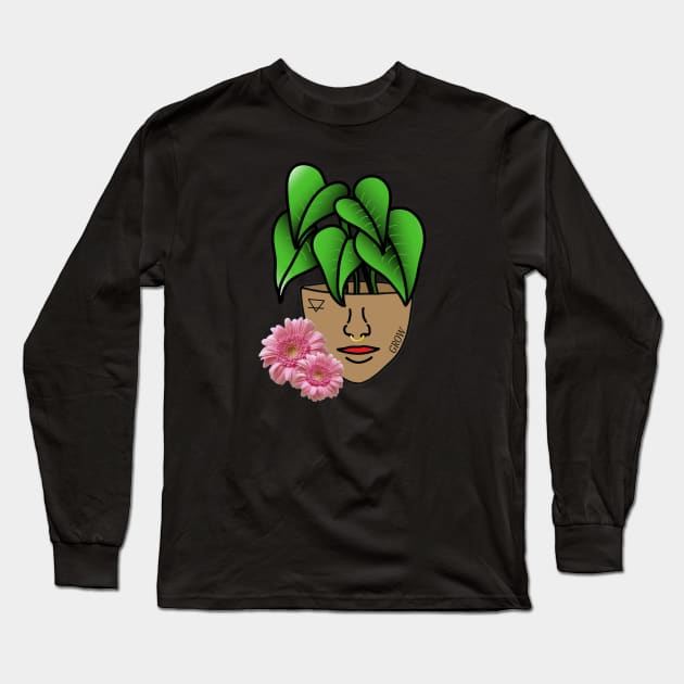 Surreal Tropical House Plant, Pot Head, with Pink Gerber Daisy Long Sleeve T-Shirt by Tenpmcreations